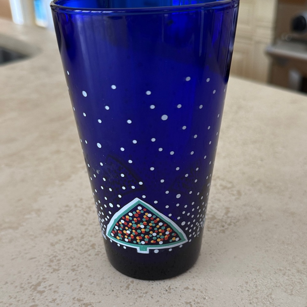 Dansk Blue Glass Tumbler with Festive Tree Design
